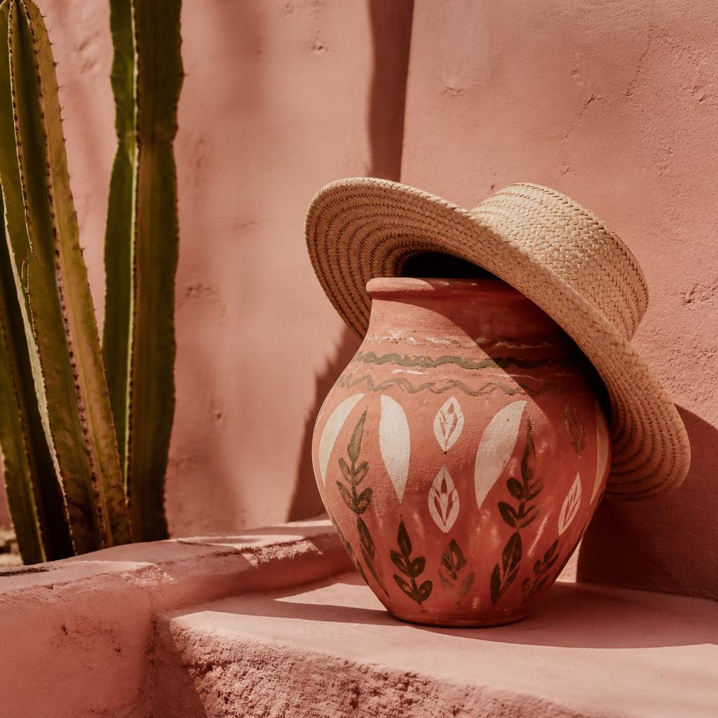 Poterie marocaine, chapeau de paille et cactus contre un mur rose à Marrakech
